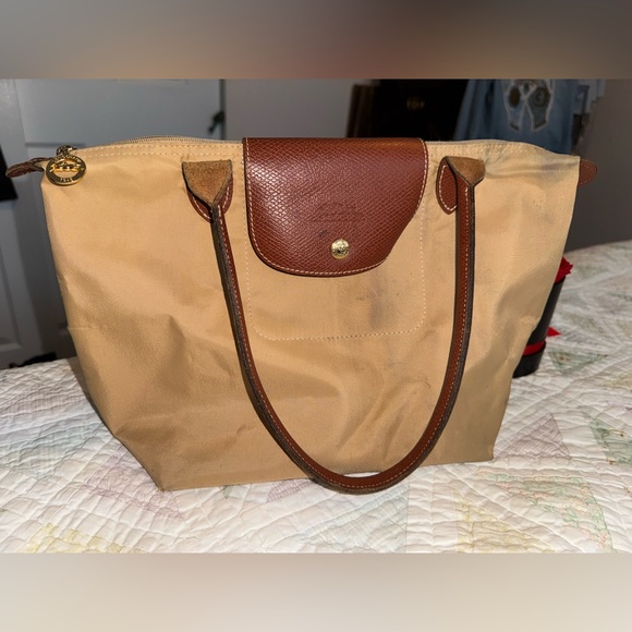 Longchamp Handbags - Longchamp Le Pliage Classic Medium Tote • Tan Nylon & Brown Leather • France